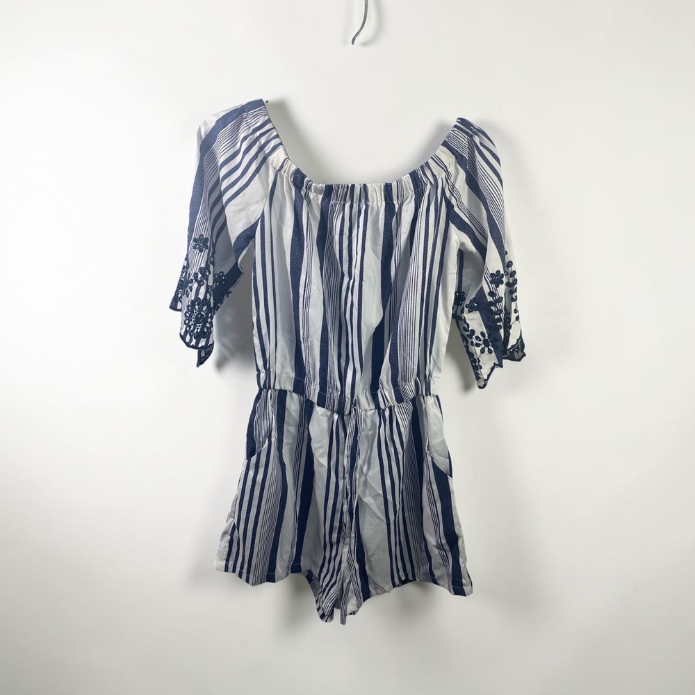 Style House Women Blue White Striped Off Shoulder Romper Eyelet Sleeve Small NWT
